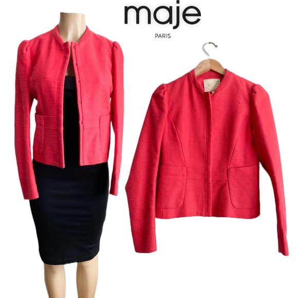 $660‼️MAJE Tweed Short Blazer Jacket Collarless Long Pleated Sleeves Pink Red M - Picture 1 of 13